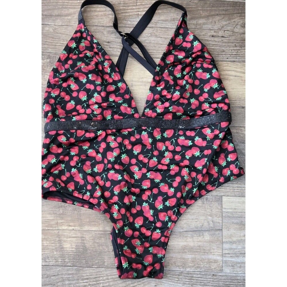 Victoria's Secret Black Strawberry Shine Bling Plunge One Piece Swimsuit